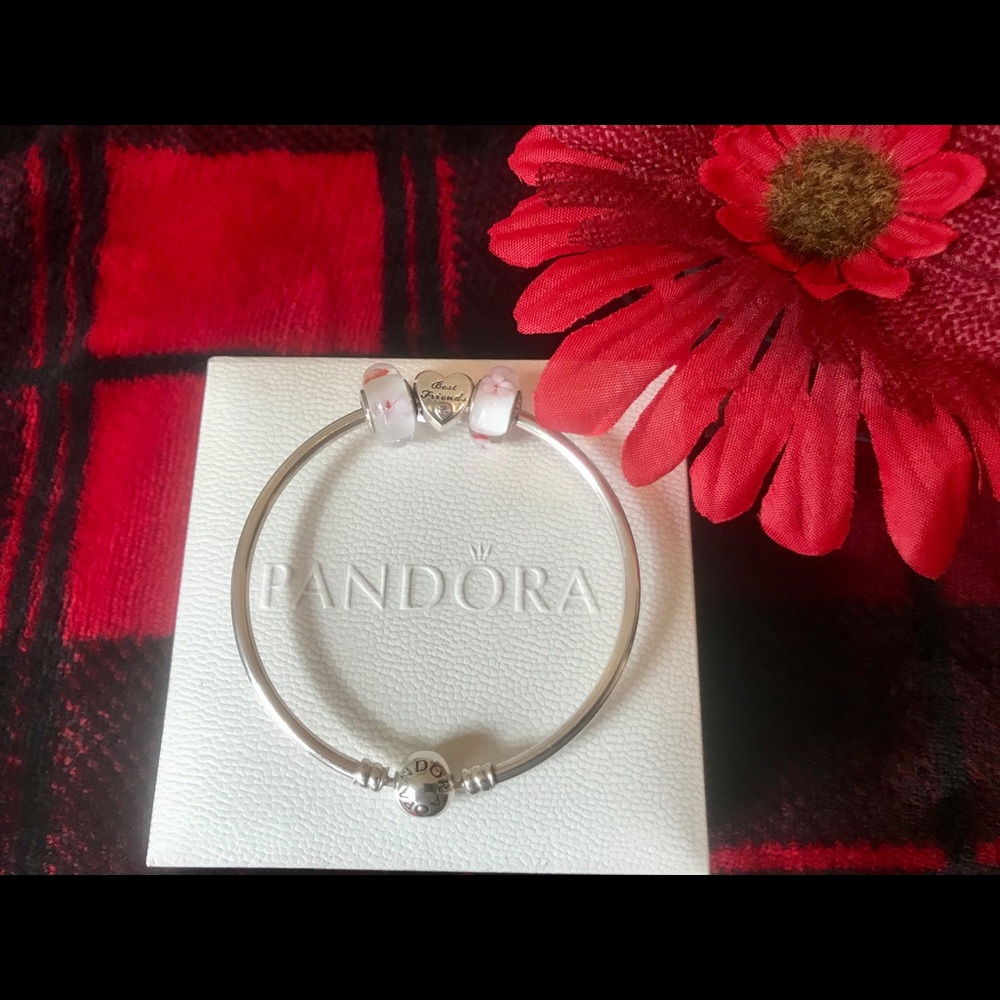 Authentic pandora bangle with 3 charms